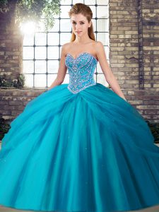 Eye-catching Lace Up 15th Birthday Dress Aqua Blue for Military Ball and Sweet 16 and Quinceanera with Beading and Pick Ups Brush Train