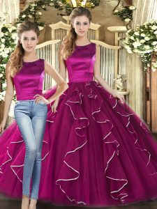 Fuchsia Quinceanera Dresses Military Ball and Sweet 16 and Quinceanera with Ruffles Scoop Sleeveless Lace Up