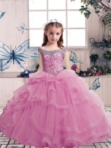 Glorious Floor Length Lace Up Little Girl Pageant Dress Lilac for Party and Military Ball and Wedding Party with Beading