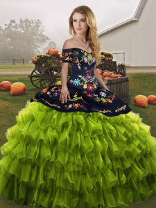 Olive Green Organza Lace Up Sweet 16 Quinceanera Dress Sleeveless Floor Length Embroidery and Ruffled Layers