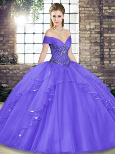 Cheap Lavender Lace Up Off The Shoulder Beading and Ruffles Sweet 16 Dresses Tulle Sleeveless