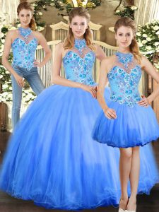 Flirting Blue 15th Birthday Dress Sweet 16 and Quinceanera with Embroidery Halter Top Sleeveless Lace Up