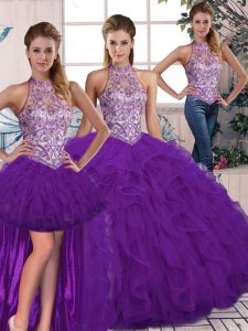 Clearance Purple Tulle Lace Up Halter Top Sleeveless Floor Length Quinceanera Gown Beading and Ruffles