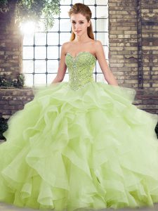 Yellow Green Tulle Lace Up 15 Quinceanera Dress Sleeveless Brush Train Beading and Ruffles