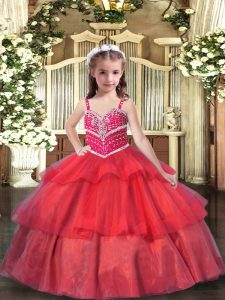 Fashion Red Sleeveless Organza Lace Up Kids Pageant Dress for Party and Wedding Party