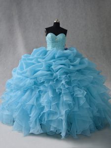 Chic Organza Sweetheart Sleeveless Lace Up Beading and Ruffles and Pick Ups Quinceanera Dress in Baby Blue
