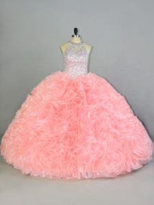 Decent Sleeveless Beading and Ruffles Lace Up Sweet 16 Dress with Peach