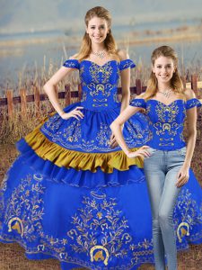 Customized Sleeveless Floor Length Embroidery and Ruffled Layers Lace Up Sweet 16 Dresses with Blue