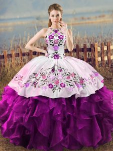 Sleeveless Organza Floor Length Lace Up 15 Quinceanera Dress in White And Purple with Embroidery and Ruffles