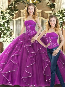 Gorgeous Strapless Sleeveless Tulle Quinceanera Dress Beading and Ruffles Lace Up