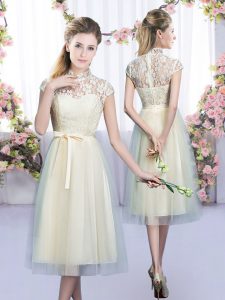 Champagne Cap Sleeves Tea Length Lace and Bowknot Zipper Quinceanera Court Dresses