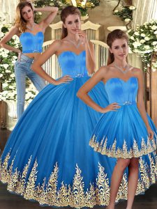 Baby Blue Tulle Lace Up Quinceanera Gown Sleeveless Floor Length Embroidery