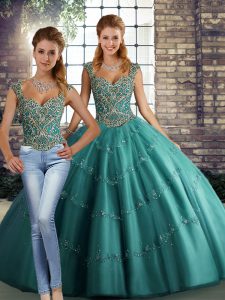 Straps Sleeveless 15th Birthday Dress Floor Length Beading and Appliques Teal Tulle