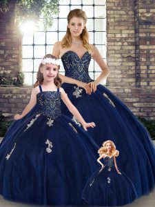 Great Beading and Appliques Quinceanera Gowns Navy Blue Lace Up Sleeveless Floor Length