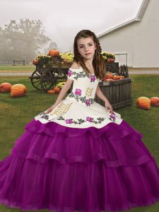 Wonderful Purple Straps Neckline Embroidery and Ruffled Layers Girls Pageant Dresses Sleeveless Lace Up