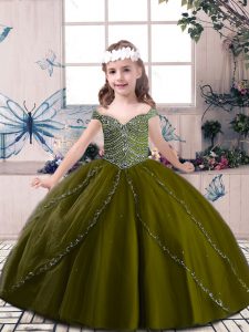 Sleeveless Floor Length Beading Lace Up Little Girl Pageant Gowns with Olive Green
