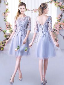 Popular A-line Quinceanera Court Dresses Grey High-neck Tulle Half Sleeves Mini Length Lace Up