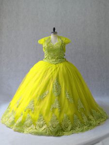 Yellow Green Lace Up Quinceanera Dresses Appliques Sleeveless Court Train