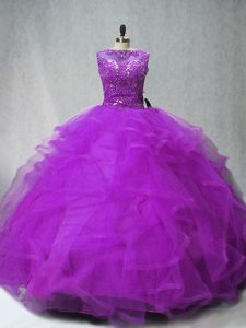 Purple Tulle Lace Up Quinceanera Gowns Sleeveless Brush Train Beading and Ruffles