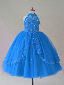 Tulle Sleeveless Floor Length Pageant Dress Toddler and Beading and Appliques