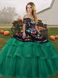 Stylish Green Lace Up Off The Shoulder Embroidery and Ruffled Layers Ball Gown Prom Dress Tulle Sleeveless Brush Train