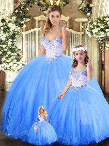 Hot Sale Blue Ball Gowns Sweetheart Sleeveless Tulle Floor Length Lace Up Beading Sweet 16 Dresses