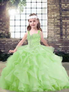 Custom Made Yellow Green Ball Gowns Straps Sleeveless Tulle Floor Length Lace Up Beading and Ruffles Custom Made Pageant Dress