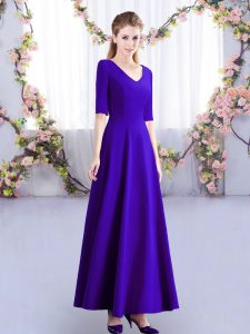 Purple Satin Zipper Quinceanera Court of Honor Dress Half Sleeves Ankle Length Ruching