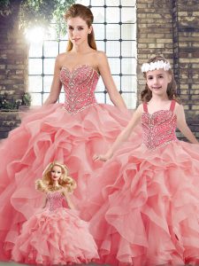 Watermelon Red Ball Gowns Tulle Sweetheart Sleeveless Beading and Ruffles Lace Up 15th Birthday Dress Brush Train