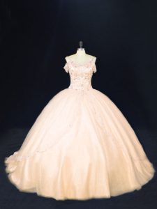 Deluxe Peach Zipper Off The Shoulder Beading Quinceanera Gown Tulle Sleeveless Court Train