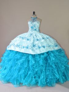 Glorious Aqua Blue Organza Lace Up Ball Gown Prom Dress Sleeveless Court Train Embroidery and Ruffles