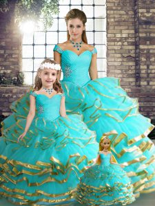 Floor Length Aqua Blue Quince Ball Gowns Off The Shoulder Sleeveless Lace Up