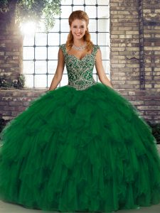 Dynamic Straps Sleeveless 15th Birthday Dress Floor Length Beading and Ruffles Green Organza