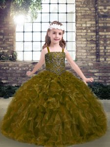Perfect Olive Green Straps Neckline Beading and Ruffles Little Girls Pageant Dress Wholesale Sleeveless Lace Up