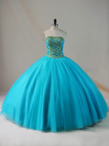 Blue Ball Gowns Tulle Strapless Sleeveless Beading Floor Length Lace Up Quinceanera Dress