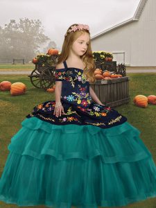 Teal Lace Up Spaghetti Straps Embroidery and Ruffled Layers Pageant Gowns For Girls Tulle Sleeveless