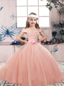 Amazing Tulle Off The Shoulder Sleeveless Lace Up Lace and Belt Kids Formal Wear in Peach