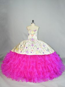 Fuchsia Ball Gowns Embroidery and Ruffled Layers Sweet 16 Quinceanera Dress Lace Up Organza Sleeveless