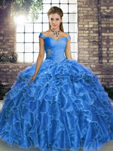 Unique Blue 15 Quinceanera Dress Military Ball and Sweet 16 and Quinceanera with Beading and Ruffles Off The Shoulder Sleeveless Brush Train Lace Up
