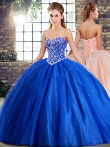Blue Ball Gowns Tulle Sweetheart Sleeveless Beading Lace Up 15th Birthday Dress Brush Train