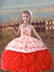 High Quality Halter Top Sleeveless Organza Kids Formal Wear Beading and Embroidery and Ruffles Lace Up