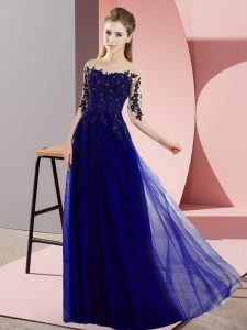 Graceful Half Sleeves Floor Length Beading and Lace Lace Up Quinceanera Dama Dress with Blue