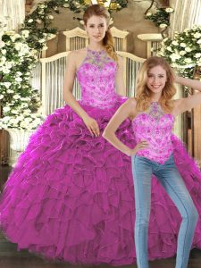Fuchsia Halter Top Neckline Beading and Ruffles 15th Birthday Dress Sleeveless Lace Up