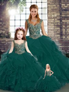 Beautiful Sleeveless Floor Length Beading and Ruffles Lace Up Quinceanera Gown with Peacock Green