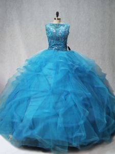 Lovely Lace Up Quince Ball Gowns Aqua Blue for Sweet 16 and Quinceanera with Beading and Ruffles Brush Train