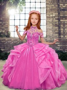 Rose Pink Girls Pageant Dresses Party and Wedding Party with Beading and Ruffles High-neck Sleeveless Lace Up