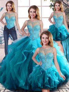 Luxurious Aqua Blue Ball Gowns Tulle Scoop Sleeveless Beading and Ruffles Floor Length Lace Up Quinceanera Gowns