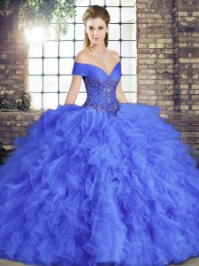 Floor Length Lace Up Vestidos de Quinceanera Blue for Military Ball and Sweet 16 and Quinceanera with Beading and Ruffles