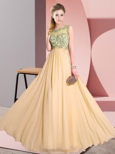 Modest Peach Backless Dama Dress Beading and Appliques Sleeveless Floor Length