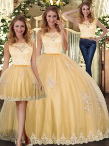 Affordable Gold Tulle Clasp Handle Sweet 16 Quinceanera Dress Sleeveless Floor Length Lace and Appliques
